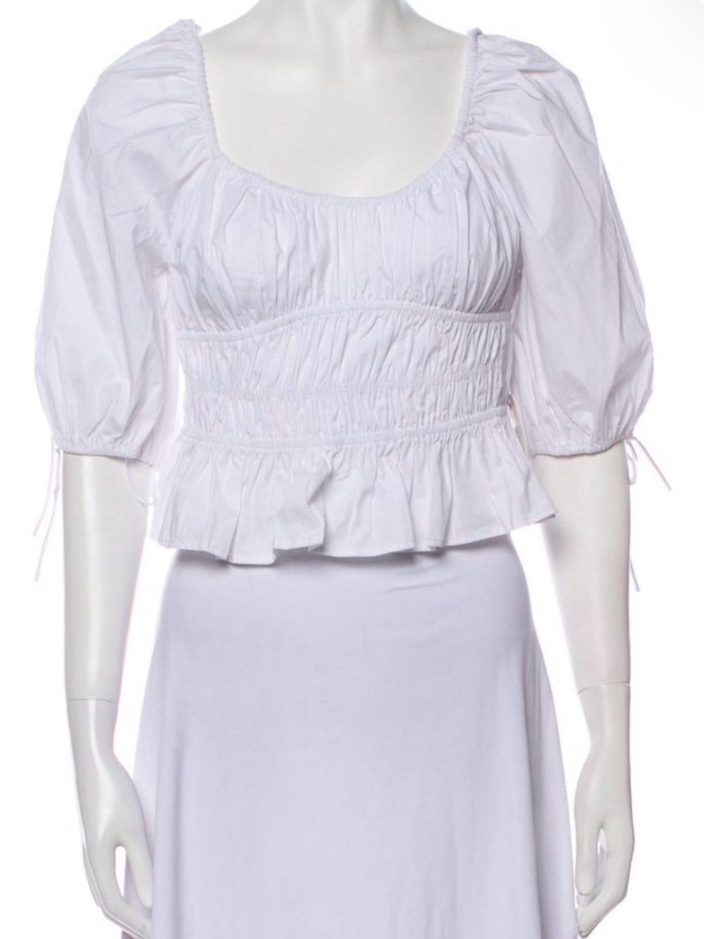 STAUD White Smocked Peasant Top with Puff Sleeves